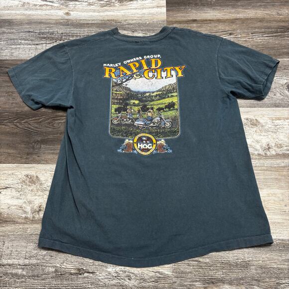 Vintage 90s Harley Davidson 1995 HOG Rally Rapid City SD Teal Mens Biker T-Shirt - Picture 2 of 9